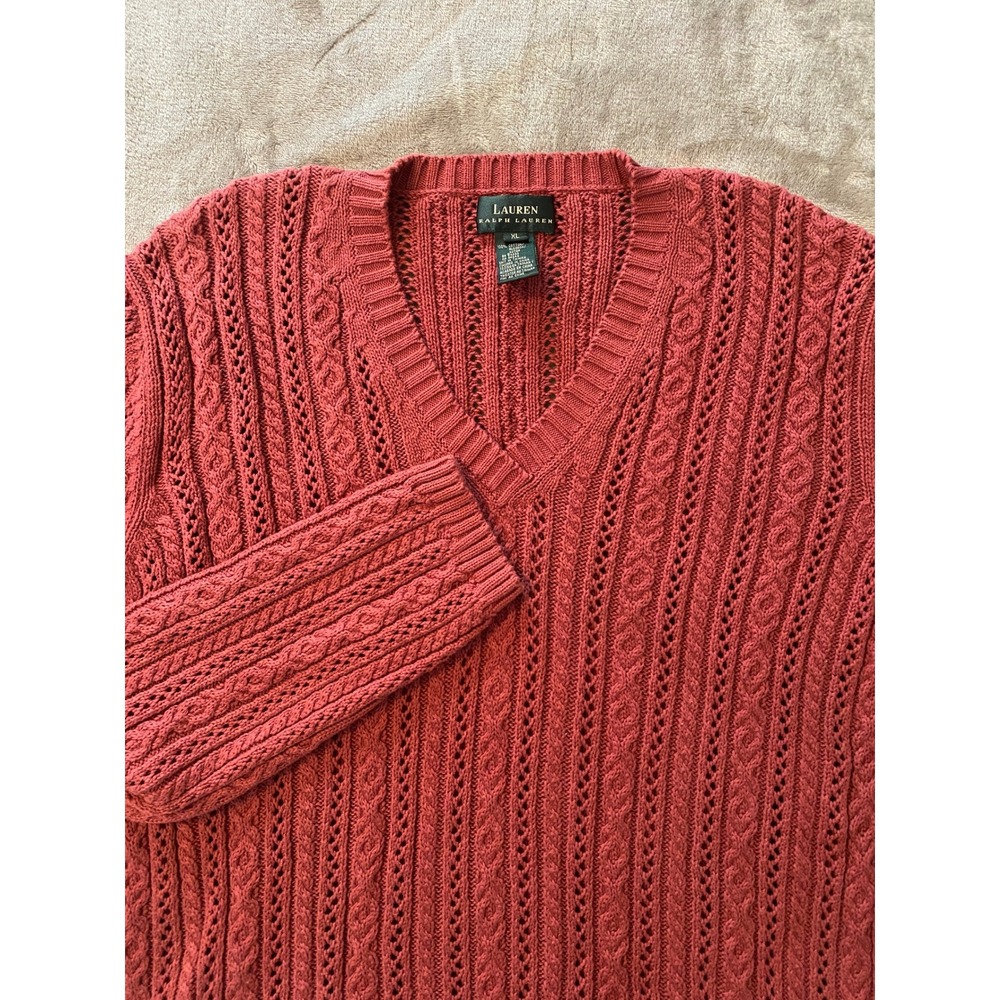 LRL Ralph Lauren Sweater XL Rose Pink V-Neck Cable Open Knit Cotton Cottagecore